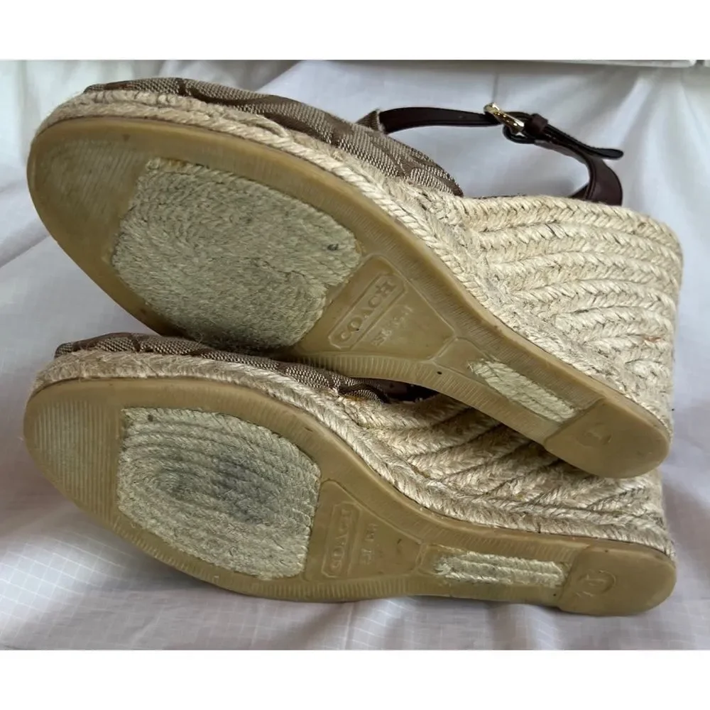 Coach Brown Jacquard Fabric Logo Peep Toe Sling back Wedge Shoe Sz 9